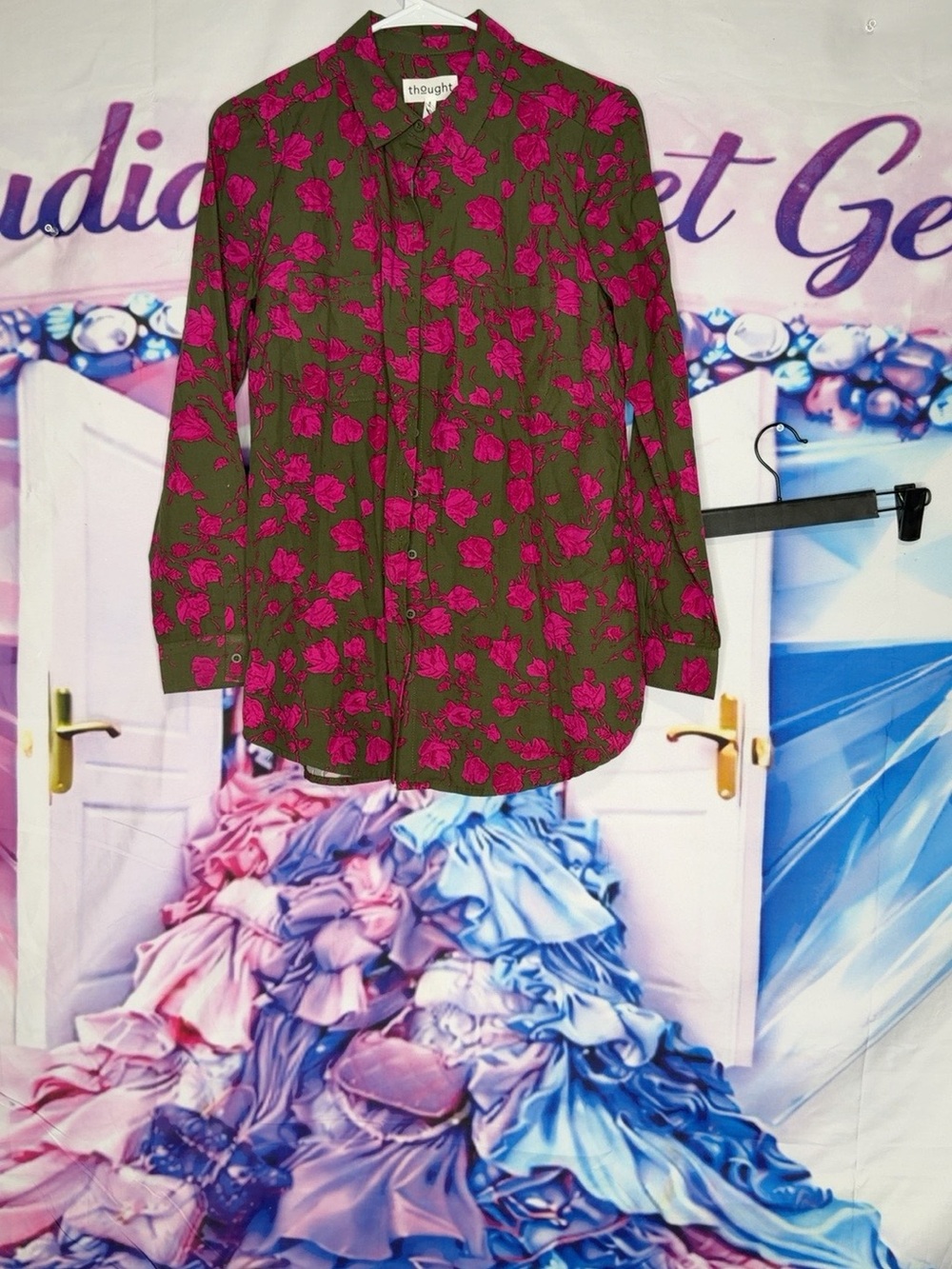 Olive Green Blouse with Fuchsia Floral Print size 8 EU36